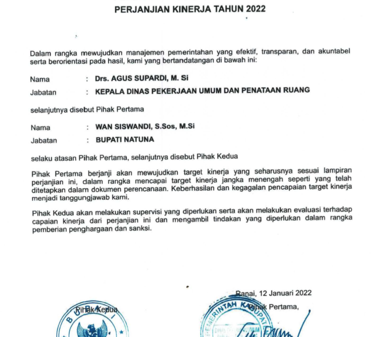 Penjanjian Kinerja Kepala Dinas PUPR Kabupaten Natuna Tahun 2022