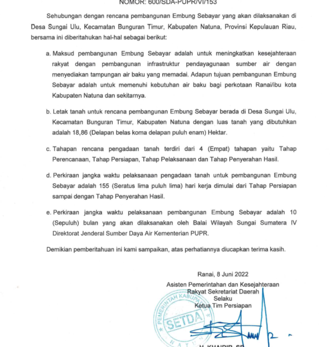 Pemberitahuan Rencana Pembangunan Embung Sebayar